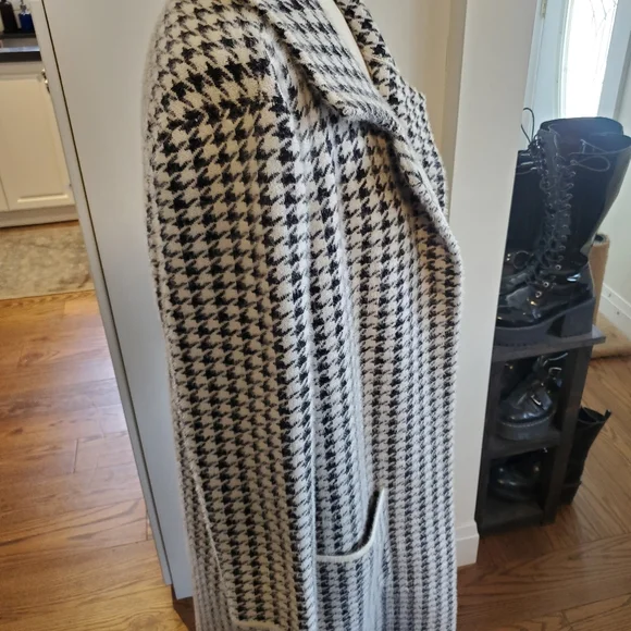 Houndstooth Long Open Front Coat  Black & White Chanel Style Cardigan Shacket - Picture 2 of 9